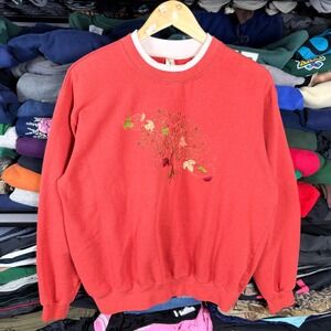 cottage core Decorated Originals Red Embroidered Tree Sweatshirt Womens L Fall